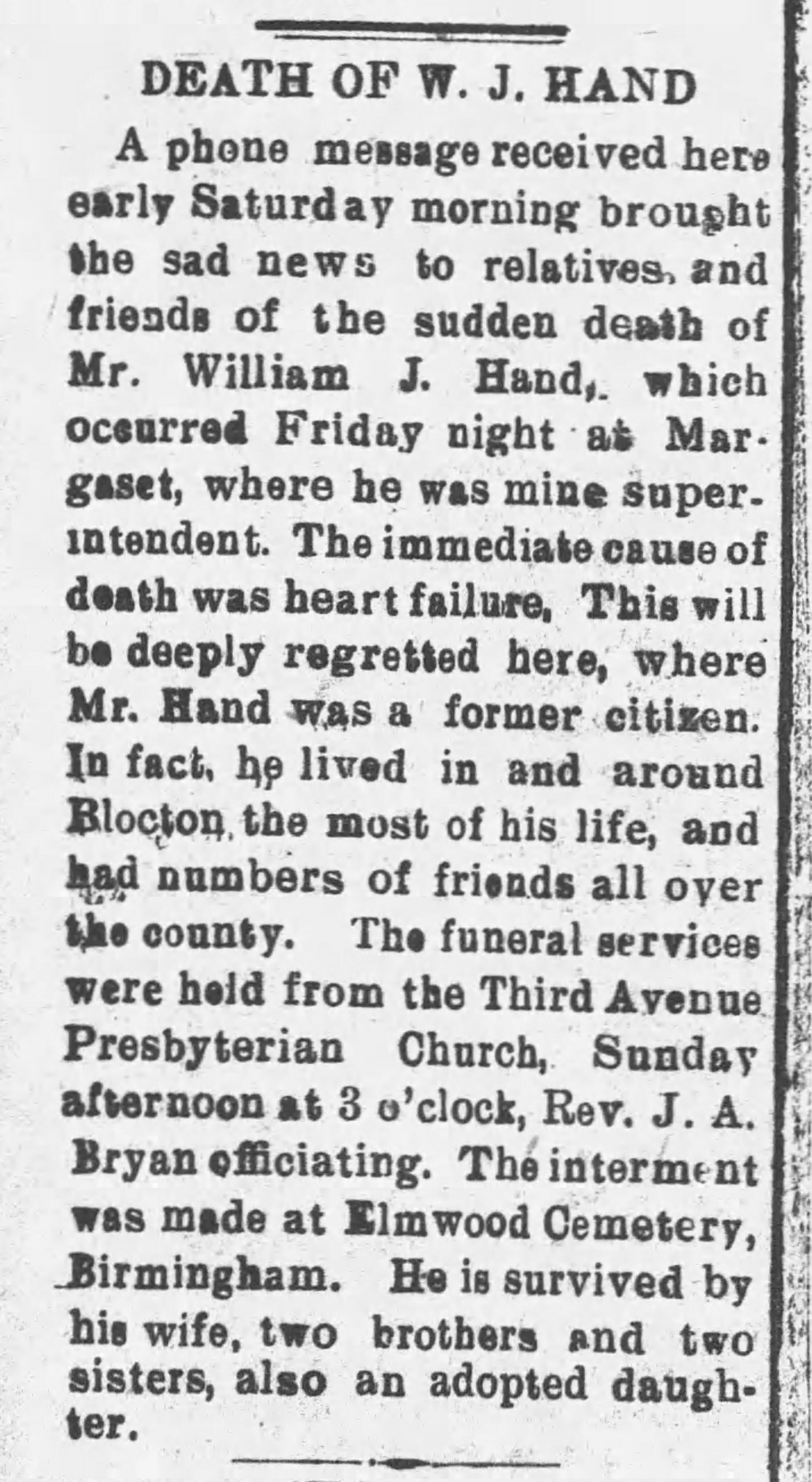 Death of W.J. Hand